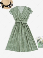 ZAFUL Belted Leopard Pleated Midi Dress S Green