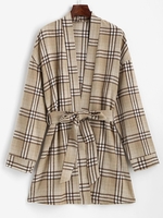 ZAFUL Belted Plaid Longline Robe Coat M Coffee