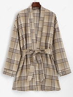 ZAFUL Belted Plaid Longline Robe Coat S Coffee