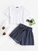 ZAFUL Belted Striped Two Piece Set S Cadetblue