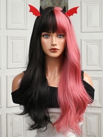 zaful Black and Pink Two Tone Color Full Bangs Long Natural Wavy Halloween Synthetic Wig (Excluding Accessories)
