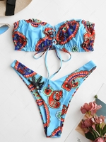 ZAFUL Bohemian Printed Lace-up High Cut Bandeau Bikini Swimwear L Light blue