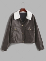 ZAFUL Borg Collar Drop Shoulder Pocket Faux Leather Jacket M Puce