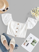 ZAFUL Broderie Anglaise Flutter Sleeve Crop Blouse S White