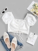ZAFUL Broderie Anglaise Picot Trim Cinched Smocked Blouse L White