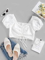 ZAFUL Broderie Anglaise Picot Trim Cinched Smocked Blouse M White