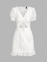 ZAFUL Broderie Anglaise Ruffle Cinched Cutout Mini Dress S White