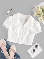 ZAFUL Broderie Anglaise Ruffle Crop Blouse S White