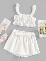 ZAFUL Broderie Anglaise Ruffle Paperbag Shorts Set S White