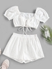 ZAFUL Broderie Anglaise Tied Milkmaid Top and Shorts Set M White
