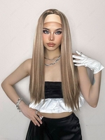 zaful Brown Gold Highlight White Long Silky Straight Synthetic Wig with Headband