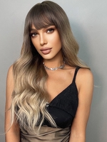 zaful Brown Gradient Golden Full Bang Long Fluffy Wavy Synthetic Wig