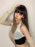 zaful Brown Gradient Golden Full Bang Long Straight Hairstyling Synthetic Wig