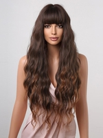 zaful Brown Gradient Light Brown Full Bangs Fluffy Long Wavy Synthetic Wig