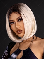 zaful Brown Gradient White Short Bob Haircut Lace Front Synthetic Wig