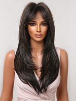 zaful Brown Highlight Dark Brown Long Layered Natural Straight Synthetic Wig