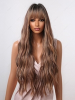 zaful Brown Highlight Golden Full Bang Long Wavy Synthetic Wig