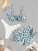 ZAFUL Butterfly Print Cinched Ribbed Three Piece Swimsuit S Light blue