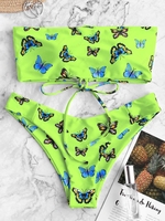 ZAFUL Butterfly Print Lace Up Bandeau Bikini Swimwear S Multi b