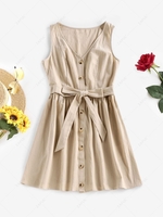 ZAFUL Button Front Belted A Line Tank Dress S Light coffee