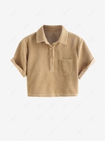 ZAFUL Button Front Corduroy Collared Cropped Top L Coffee