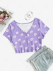 ZAFUL Button Front Cropped Daisy Floral Tee L Light purple