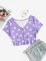 ZAFUL Button Front Cropped Daisy Floral Tee Xl Light purple