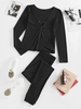 ZAFUL Button Front Ribbed Lounge Nightwear Two Piece Set L Black