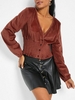 ZAFUL Button Front Smocked Waist Corduroy Cropped Top S Deep red