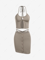 ZAFUL Button Loop Pins Bulit-in G-string Two Piece Dress L Coffee