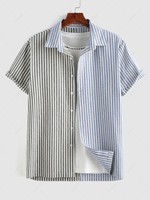 ZAFUL Button Up Contrasting Two Tone Vertical Stripe Spliced Shirt Xl Light blue