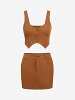 ZAFUL Button Up Corset-style Bustier Two Piece Dress L Deep coffee
