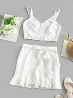 ZAFUL Button Up Eyelet Top and Tie Ruffles Skirt Set M White