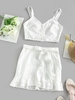ZAFUL Button Up Eyelet Top and Tie Ruffles Skirt Set Xl White