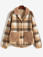ZAFUL Button Up Plaid Pockets Teddy Jacket Xl Coffee