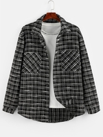 ZAFUL Button Up Plaid Print Curved Hem Shirt L Black