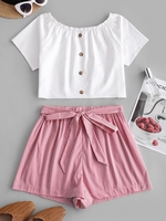 ZAFUL Buttoned Tie Waist Stripes Two Piece Set L Chestnut red
