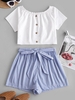 ZAFUL Buttoned Tie Waist Stripes Two Piece Set Xl Baby blue