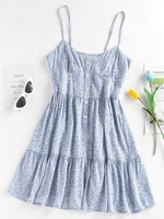 ZAFUL Buttons Tiny Flower Print Mini Dress L Blue
