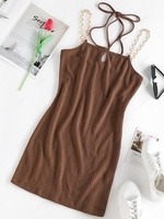 ZAFUL Chain Halter Keyhole Knit Cami Dress S Deep coffee