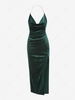 ZAFUL Chain Halter Velvet Thigh Split Backless Dress S Deep green