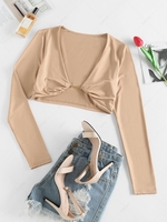 ZAFUL Chain Plunge Long Sleeve Crop Tee M Light coffee
