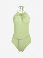 ZAFUL Chains Belt Halter Open Back Bodysuit S Light green