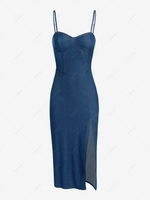 ZAFUL Chambray Cupped Slit Cami Dress L Blue