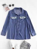 ZAFUL Chambray Flower Print Pocket Shirt M Light blue