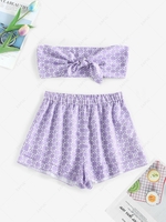 ZAFUL Checkerboard Floral Tie Front Bandeau Top Set L Purple