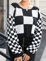 ZAFUL Checkerboard Plaid Slouchy Drop Shoulder Sweater L Black