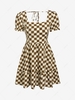 ZAFUL Checkerboard Puff Sleeve Flounced Dress M Coffee