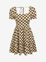 ZAFUL Checkerboard Puff Sleeve Flounced Dress M Coffee