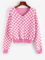 ZAFUL Checkered Drop Shoulder Fuzzy Cardigan S Light pink